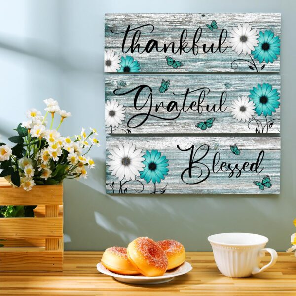 Geetery 3 Pcs Thankful Grateful Blessed Wooden Signs Rustic Daisy Wood Wall Decor Inspirational Wall Art Signs Rustic Wooden Hanging Decorations for Bedroom Kitchen Living Room Bathroom Home (Teal) - Image 2