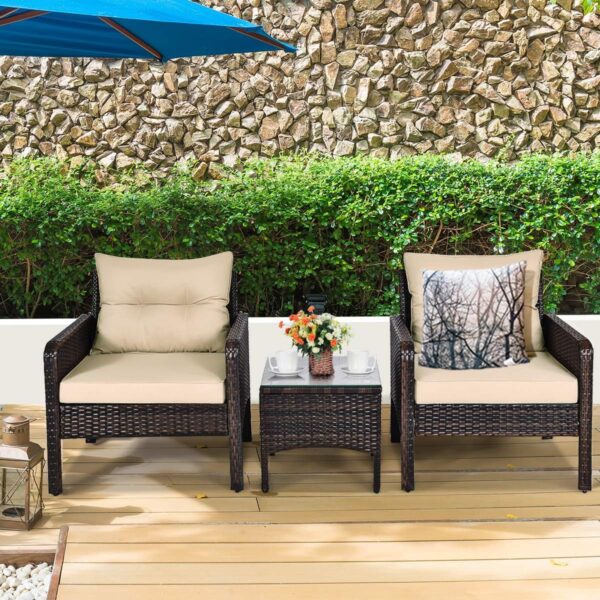 Tangkula 3 Piece Outdoor Patio Furniture Set for 2, Wicker Chairs with Glass Top Coffee Table, Thick Cushions, All Weather Garden Lawn Poolside Backyard Porch (Brown) - Image 3