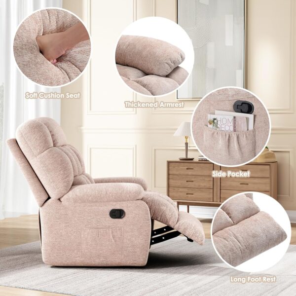 Recliner Chair, Upholstered Rocker Recliner Chair with Side Pocket, Ergonomic 110°-160°Adjustable Recliner Chairs for Adults, Reclining Chair with Footrest, Recliner Sofa for Living Room - Image 6