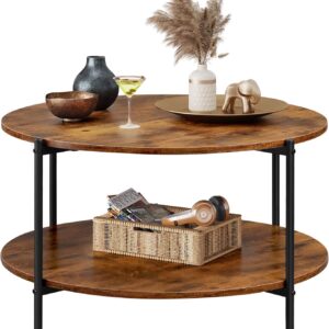 WLIVE Round Coffee Table, 32.6" Small Coffee Table with Open Storage Shelf, 2-Tier Industrial Circle Wood Center Table for Living Room, Rustic Brown