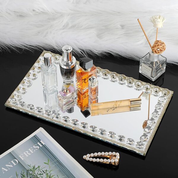 Hipiwe Glass Vanity Tray - 13.7"x7.8" Mirror Decorative Tray Sparkling Crystal Perfume Tray Gorgeous Bathroom Organizer Tray for Makeup Jewelry Serving Tray for Coffee Table - Image 5