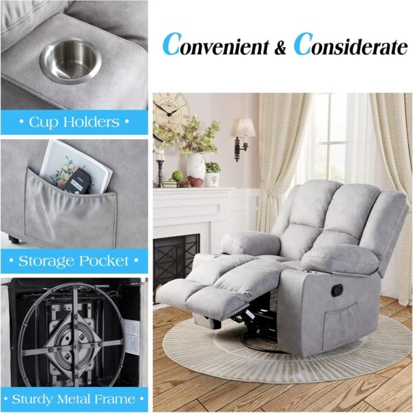 Jocisland Oversized Rocker Recliner Chair with Massage for Living Room, Overstuffed 360° Swivel Single Sofa with Detachable Cup Holders, Home Theater Seating, Light Grey - Image 5