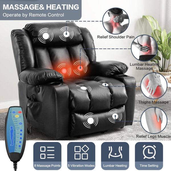 Power Lift Recliner Chair for Elderly, Electric Recliner Chairs for Adults with Massage and Heat, Remote Control, Cup Holders, USB Ports, Side Pockets, Leather (Black) - Image 4