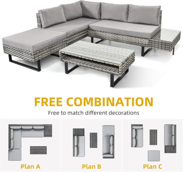 DWVO Patio Furniture Set, Sectional L-Shaped Sofa, for Patio Backyard Poolside Porch, Wicker Conversation Set with Coffee Table & Cushions, Detachable Lounger, All-Weather Rattan, Grey - Image 4