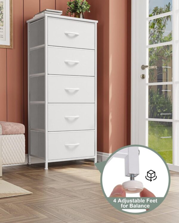 Crestlive Products Tall Dresser Vertical Storage Tower - Sturdy Steel Frame, Wood Top, Easy Pull Fabric Bins - Organizer Unit for Bedroom, Hallway, Entryway, Closets - 5 Drawers(White) - Image 6