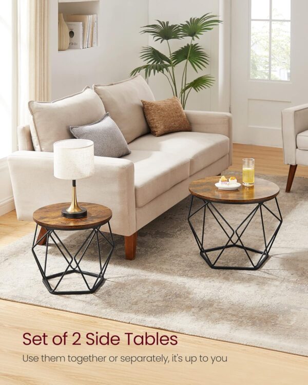VASAGLE Small Coffee Table Set of 2, Round Coffee Table with Steel Frame, Side End Table for Living Room, Bedroom, Office, Rustic Brown and Ink Black - Image 4