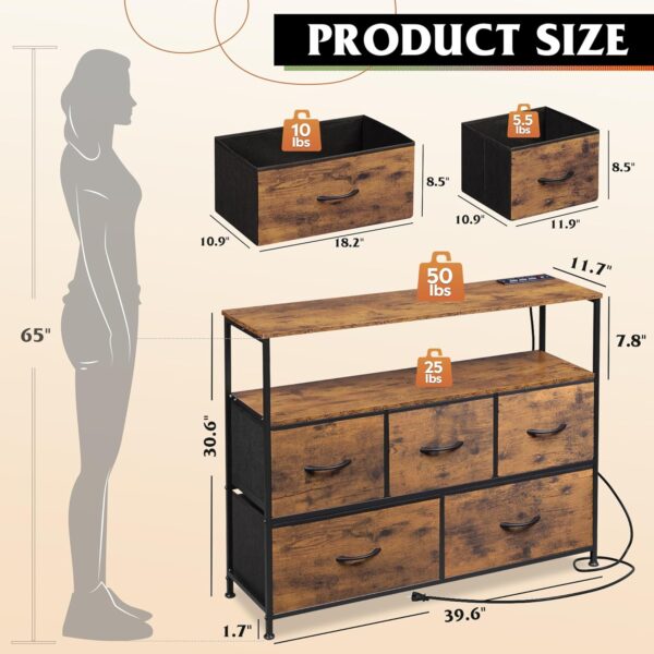 WLIVE Fabric Dresser for Bedroom with 5 Drawers, Entertainment Center with Open Shelf and Power Outlet for 45 inch TV, Dresser TV Stand with Storage for Closet, Rustic Brown - Image 3