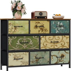 Furnulem 8 Drawer Dresser, Wide Fabric Chest of Drawers, Vintage Furniture for Bedroom, Living Room, Nursery, Hallway, Closet Clothes Storage, Wooden Top