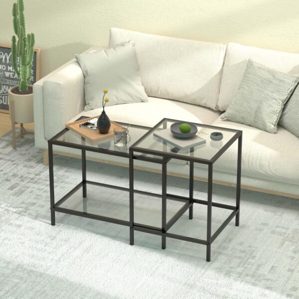 Nesting Coffee Table,Small Glass Coffee Table Set of 2,Black Modern Square Sofa Side Tea Table for Living Room,Bedroom and Small Spaces,2 Tier Tempered Glass with Sturdy Metal Frame, Easy Assembly - Image 6