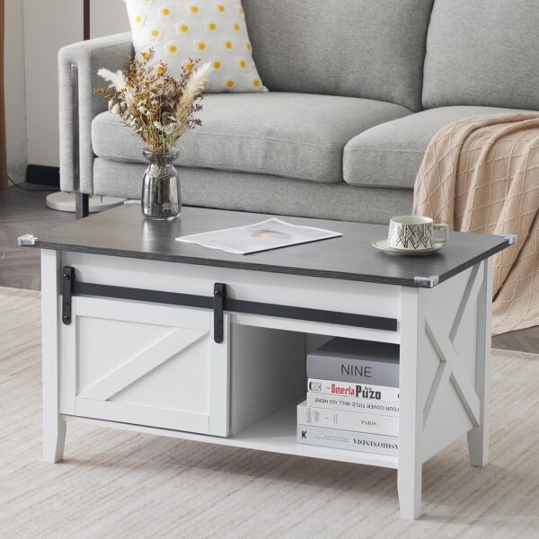 VINGLI White Charcoal Lift Top Coffee Table, 36" Small Farmhouse Barn Door Coffee Table with Storage, Rectangular Center Wood Coffe Table with Lifting Top, Living Room Tables with Hidden Compartment - Image 5
