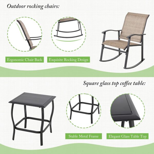 Shintenchi 3 Piece Rocking Bistro Set, Outdoor Furniture with Rocker Chairs and Glass Coffee Table Set of 3, Balcony, Porch Furniture for Small Space, Brown - Image 5