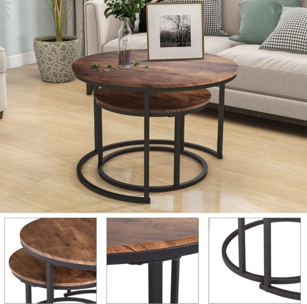HOJINLINERO Industrial Round Coffee Table Set of 2 End Table for Living Room,Stacking Side Tables, Sturdy and Easy Assembly,Wood Look Accent Furniture with Metal Frame,Black+Rustic Brown - Image 4