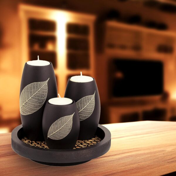 IYARA CRAFT Tealight Candle Holders with Candle Tray Set of 3 Decorative Candle Holders Matte Wood Finish with Dry Leaf Decoration - Image 4