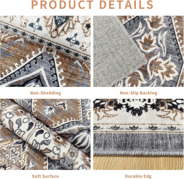 Area Rug for Living Room, Indoor Machine Washable Rug for Bedroom Vintage Rug Dinning Room Floor Carpet Non-Slip Backing Rugs Floral Soft Low-Pile Office Rug (Grey/Brown, 8' × 10') - Image 2