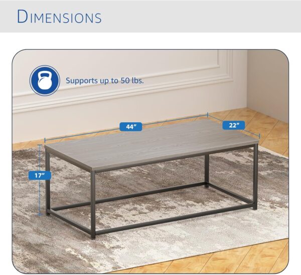 Modern Industrial Style Rectangular Coffee Table for Living Room, Bedroom - Rustic Accent Minimalistic Furniture with Wood Grain Top & Metal Frame - Center TV Table - Grey - Image 2