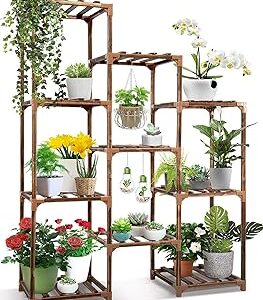 cfmour Plant Stand Indoor Outdoor, 10 Tire Tall Large Wood Plant Shelf Multi Tier Flower Stands,Garden Shelves Wooden Plant Display Holder Rack for Living Room Corner Balcony Office Lawn Patio