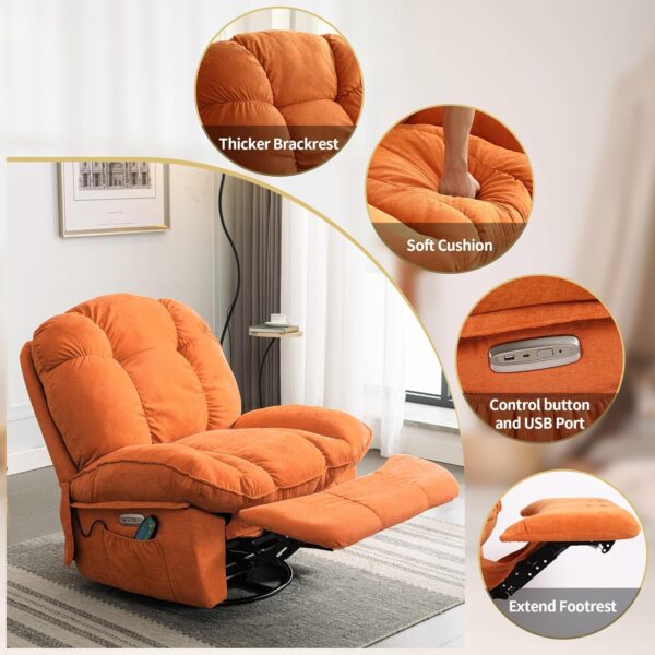 Massage Recliner Chair with Heat, Power Recliner with USB and Type-C Charging, Rocking Swivel Glider Recliner Chair for Living Room, Bedroom, Orange - Image 5