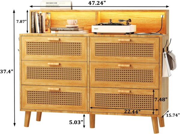 Dresser for Bedroom, 6 Drawer Boho Dresser with LED Light, Rattan Chest of Dressers, Modern Wood Dresser Chest, BesideTable for closet,Storage Organizer Cabinet for Hallway Entryway LivingRoom Natural - Image 2