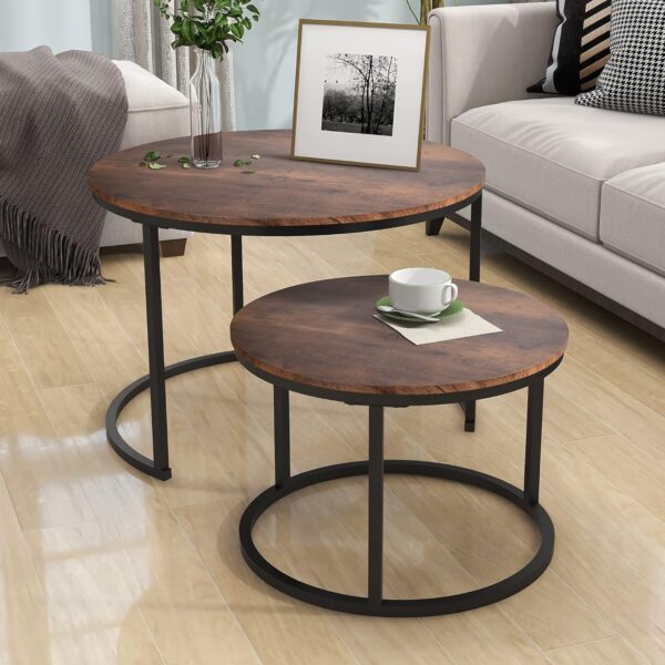 HOJINLINERO Industrial Round Coffee Table Set of 2 End Table for Living Room,Stacking Side Tables, Sturdy and Easy Assembly,Wood Look Accent Furniture with Metal Frame,Black+Rustic Brown - Image 7