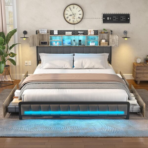 Full Bed Frame with 4 Storage Drawers and Bookcase Headboard, Upholstered Bed Full Size with USB Charging Station & LED Lights, Metal Platform Bed with Storage, No Box Spring Needed, Oak Gray