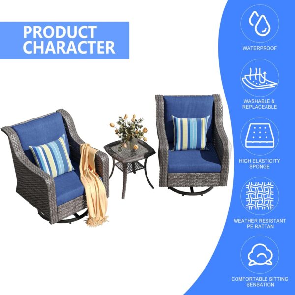 3 Piece Outdoor Swivel Patio Rocker Chairs Bistro Set, Gray Wicker Patio Rocking Chairs with Small Side Table and Cushions for Porch, Outside, Pool, Deck, Yard, Garden - Image 6