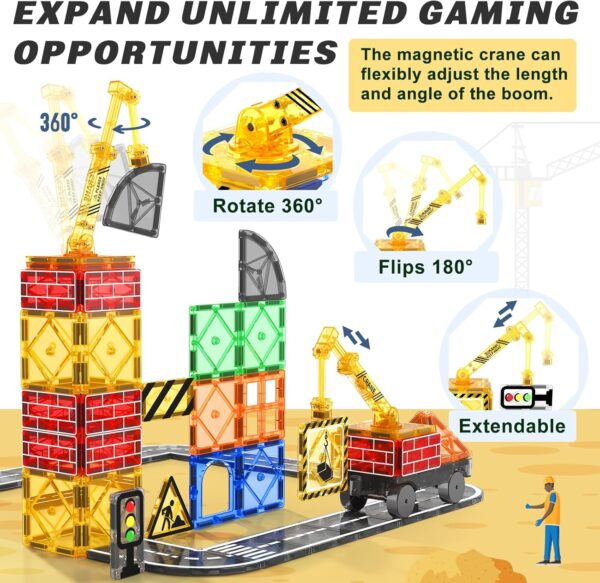 Kids Games Magnetic Tiles Road Set with Extendable Magnetic Crane, City Construction Building Toys for Toddlers STEM Preschool Toys Ages 4-6 5-7, Gifts for 3+ Year Old Boys Girls Kids Toys with Car - Image 3