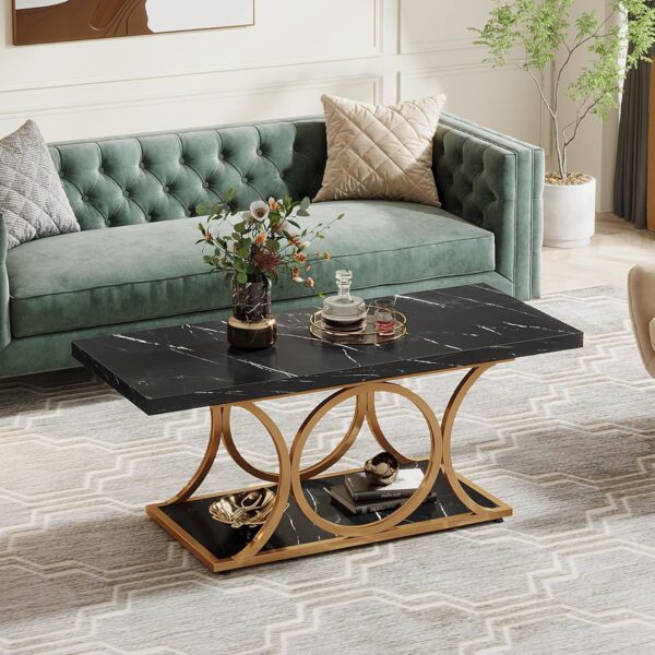 Tribesigns Rectangle Coffee Table, 47.24-inch Modern Coffee Tables for Living Room, 2-Tier Faux Marble Wood Coffee Table with Geometric Metal Legs, Furniture with Storage Shelf (Black & Gold) - Image 7