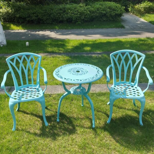 KAILI 3 Piece Bistro Table Set Cast Aluminum Outdoor Patio Furniture with Chair with armrests (Light Blue) - Image 5