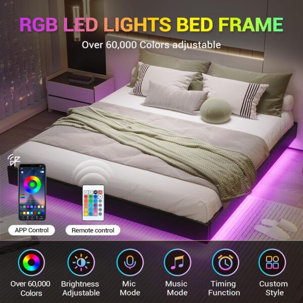 DICTAC Floating Queen Bed Frame with LED Lights Modern Upholstered Platform Bed Frame Queen Size no Headboard Faux Leather Queen Led Visual Floating Bed,No Box Spring Needed, Easy to Assemble,Black - Image 4