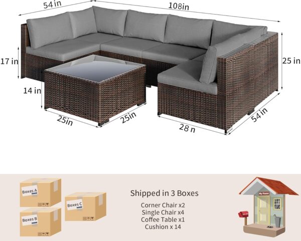 7-Piece Outdoor Sectional Patio Furniture Set, PE Rattan Outdoor Furniture Patio Conversation Set with Cushions and Glass Coffee Table (Brown Rattan, Grey Cushion) - Image 5