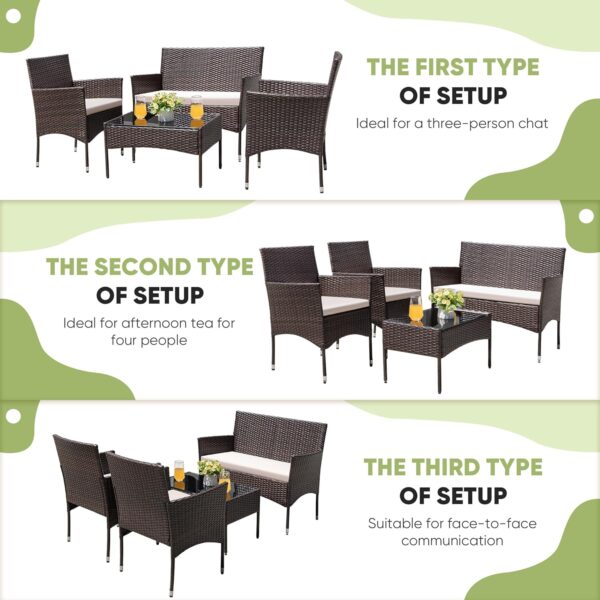 Greesum Patio Furniture 4 Pieces Conversation Sets Outdoor Wicker Rattan Chairs Garden Backyard Balcony Porch Poolside loveseat with Cushion and Glass Table, Brown and Beige - Image 6