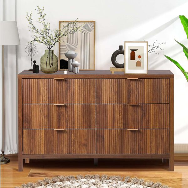 Fluted 6 Drawer Double Dresser for Bedroom, 47" Wide Modern Closet Dressers Chest of Drawers, Wood Storage Dresser Organizer for Nursery Bedroom Living Room Hallway Closet, Walnut - Image 5
