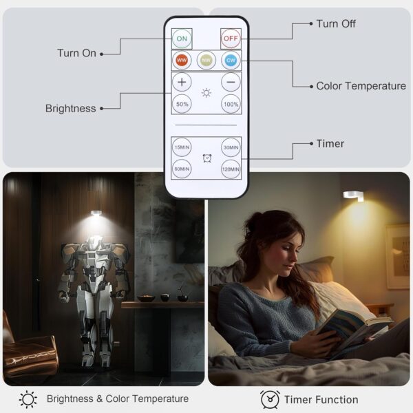 3Pcs Picture Light Battery Operated, Wireless Led Painting Light with Remote Dimmable and Timer, 3 Lighting Modes Art Display Light for Picture Frame Artworking Portrait, Wall Decorative Puck Lights - Image 5