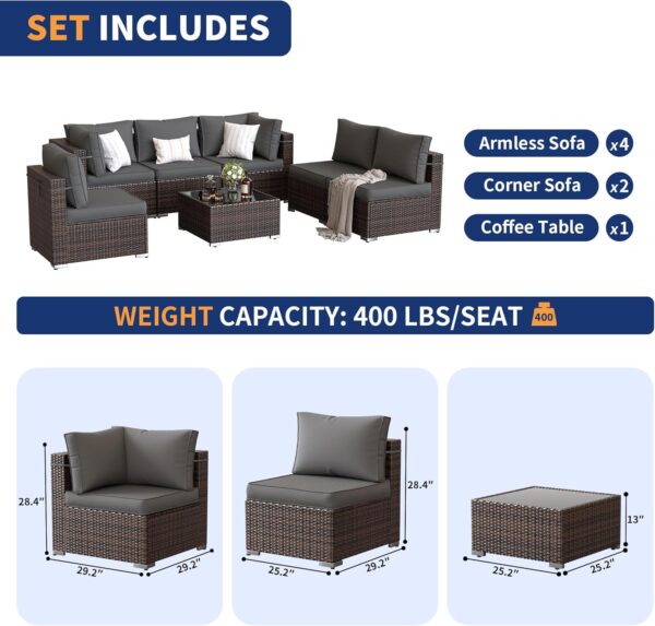 Patio Furniture Set, 7-Piece Outdoor Sectional with Waterproof Cover, All-Weather Wicker Patio Conversation Sets for Backyard (Brown with Grey Cushion) - Image 6