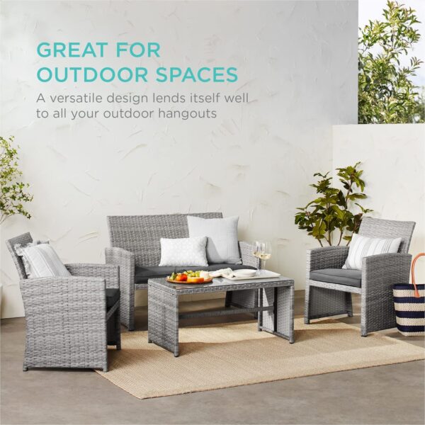 Best Choice Products 4-Piece Outdoor Wicker Patio Conversation Furniture Set for Backyard w/Coffee Table, Seat Cushions - Gray/Gray - Image 6