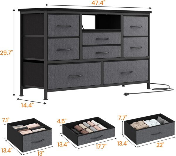 Jojoka 8 Dresser TV Stand with Power Outlet & LED for 55'' TV, Long Dresser for Bedroom with 8 Deep Drawers, Wide Console Table for Storage in Closet, Living Room, Entryway, Wood Top (Grey) - Image 3