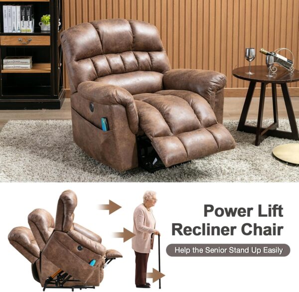 Phoenix Home Large Power Lift Recliner with Massage and Heat for Elderly, Heavy Duty & Safety Motor Reclining Chair, Faux Leather Electric Wider Recliner with USB Ports, 2 Side Pockets, Brown - Image 4