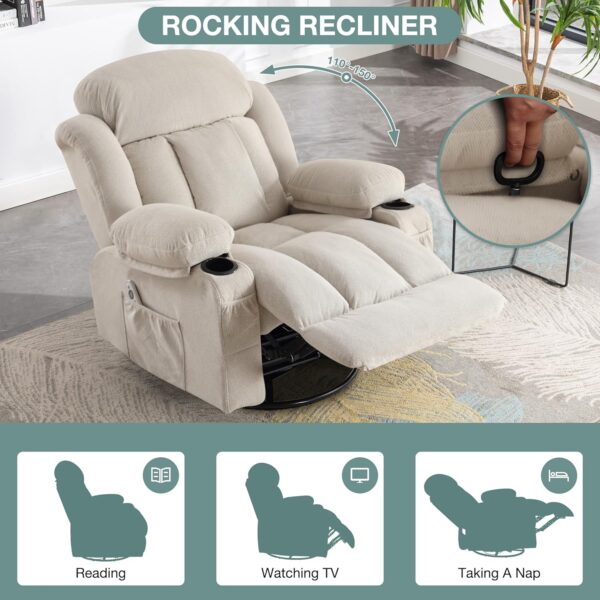 Massage Recliner Chair, Swivel and Rocking Recliner with Heat and Vibration, Breathable Fabric Ergonomic Single Sofa Chair for Living Room with Cup Holders, Side Pockets and USB - Image 3