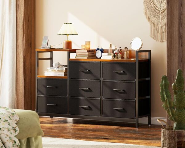Casaottima Dresser for Bedroom with Charging Station, 52" Long Dresser with 8 Storage Drawers, Large Fabric Dressers Chests of Drawers with Shelves, Black and Vintage - Image 7
