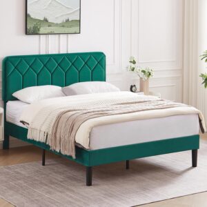 VECELO Full Size Bed Frame Premium Velvet Upholstered Platform with Height Adjustable Headboard/Mattress Foundation, Solid Wooden Slat Support, No Box Spring Needed/Easy Assembly