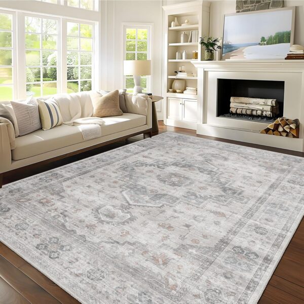 Area Rugs 5x7, Boho Rug for Living Room Non-Slip, Washable Large Rugs for Bedroom Dining Room, Oriental Vintage Carpet Floor Low-Pile, Grey