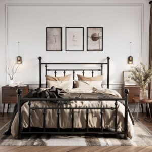 SHA CERLIN 14'' Full Size Metal Platform Bed Frame/Victorian Headboard and Footboard/Steel Slats Mattress Foundation for Storage/No Box Spring Needed/Noise Free/Black