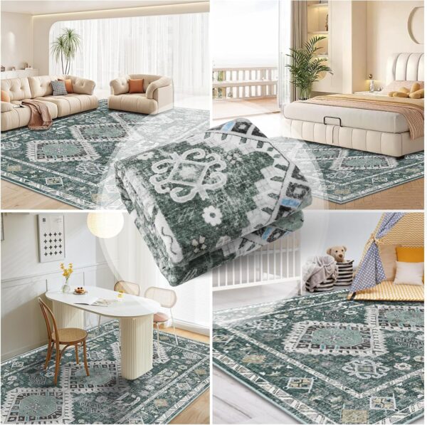 Vamcheer Washable Rugs Area Rugs - 5x7 Washable Area Rugs for Living Room Bedroom Dining Room Kitchen Non-Slip Rugs,Soft Low-Pile Indoor Machine Washable Vintage Carpet, Green - Image 6