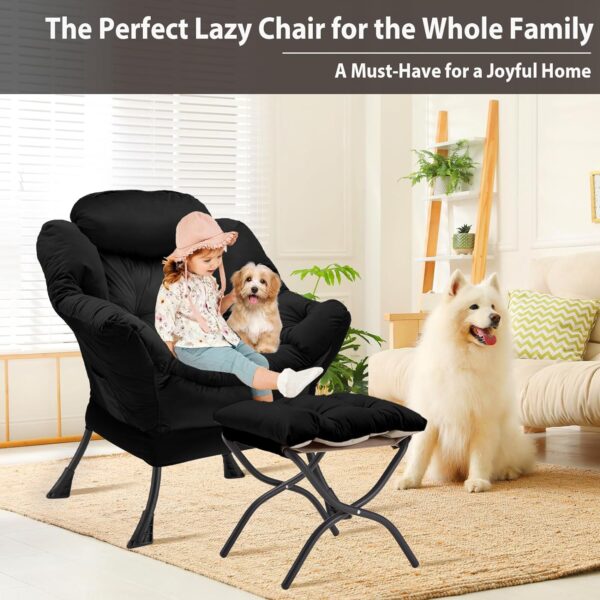 Lazy Chair with Folding Ottoman, Accent Chair Velvet Upholstered with Metal Structure and Non-Slip Pads, Sofa Armchair with Footrest and Side Storage Bag for Dorm, Room, Office, Black - Image 4