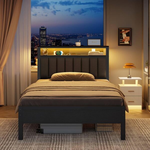 Furnulem Twin Size Bed Frame with Charging Station and LED Lights, Platform Bed with Metal Slats, Grey Upholstered Headboard with 2-Tier Storage Shelves, No Box Spring Needed - Image 4