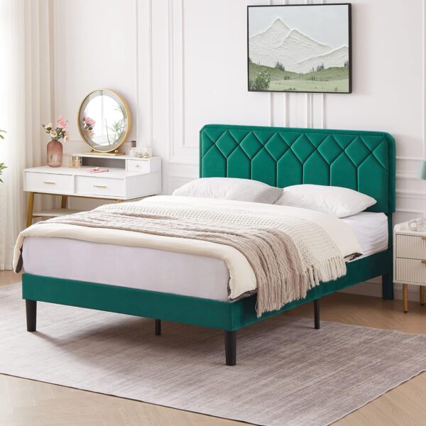 VECELO Full Size Bed Frame Premium Velvet Upholstered Platform with Height Adjustable Headboard/Mattress Foundation, Solid Wooden Slat Support, No Box Spring Needed/Easy Assembly - Image 3