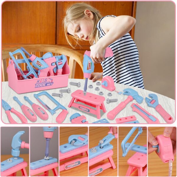 Kids Tool Set, 48PCS Toddler Tool Set with Electronic Toy Drill & Kids Tape Measure,Pretend Play Construction Toys Costume with Kids Tool Belt & Gloves,Toy Tools Box for Girl Boy Ages 3-8 - Image 4