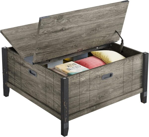 Bestier Square Coffee Table, 36 Inch Farmhouse Coffee Table with Large Hidden Storage Compartment, Wood Center Table Cocktail Table with Hinged Lift Top for Living Room Bedroom Home Office, Gray - Image 7
