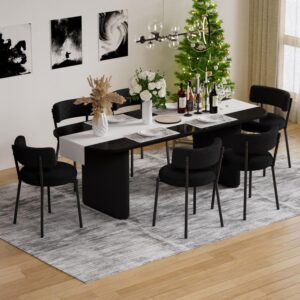 Modern Dining Chairs Set of 6, Round Upholstered Boucle Sherpa Dining Room Chairs, Mid-Century Curved Backrest Kitchen Dining Chairs, Black Dining Chair with Black Metal Legs