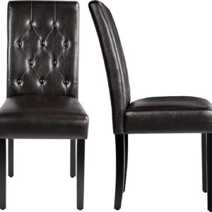 Yaheetech Faux Leather Dining Chairs, Button Tufted Dining Room Chairs with Rubber Wood Legs, Mid-Century Accent Dinner Chair for Living Room/Kitchen, Set of 2, Brown